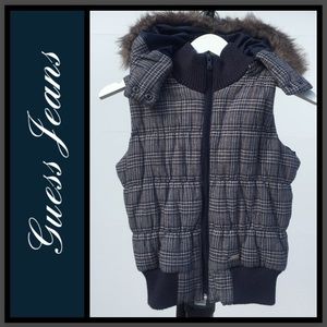 Plaid Puffer Vest with Fur Hood
